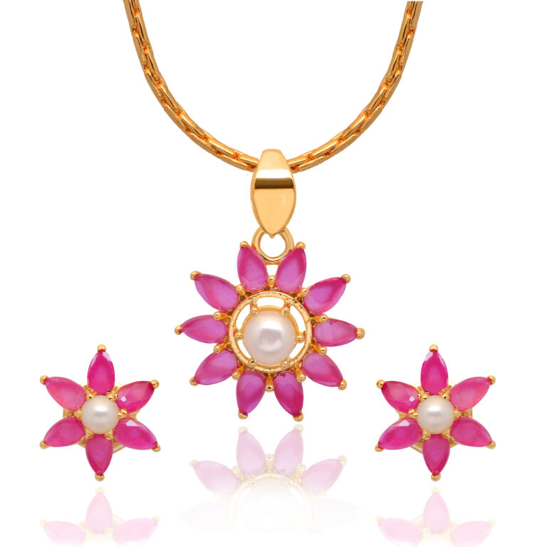 Gehna Jaipur Pearl & Ruby Color Stone Studded Pendant Set For Girls & Women FP-1179