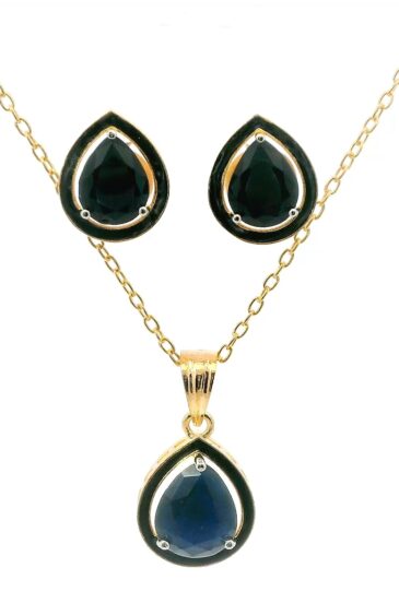 Gehna Jaipur Blue Sapphire Color Stone Pendant & Earring Set Yellow Gold Rhodium For Girls & Women FP-1186