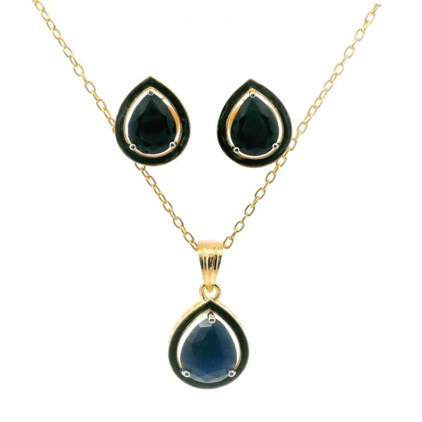 Gehna Jaipur Blue Sapphire Color Stone Pendant & Earring Set Yellow Gold Rhodium For Girls & Women FP-1186