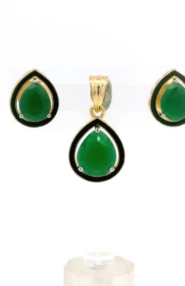 Gehna Jaipur Emerald Green Color Stone Studded Pendant & Earring Set Black Enamel For Girls & Women FP-1188