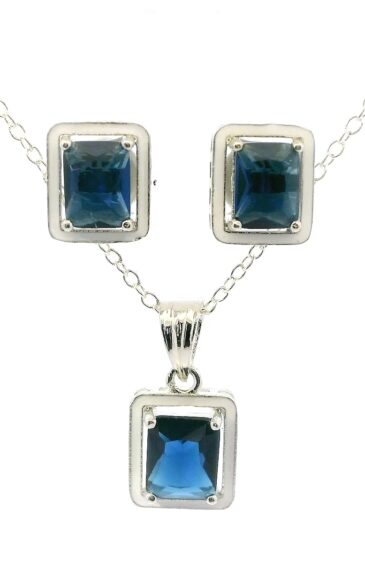 Gehna Jaipur Blue Sapphire Color Stone Baguette Studded Pendant & Earring Set For Girls & Women FP-1189