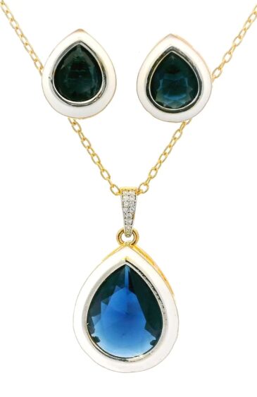 Gehna Jaipur Tear Drop Blue Sapphire Color Stone Studded Pendant & Earring Set For Girls & Women FP-1191