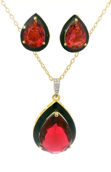 Gehna Jaipur Pear Shape Huge Size Red Garnet Color Stone Studded Pendant & Earring Set For Girls & Women FP-1192