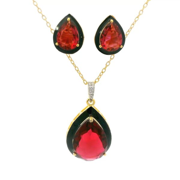 Gehna Jaipur Pear Shape Huge Size Red Garnet Color Stone Studded Pendant & Earring Set For Girls & Women FP-1192