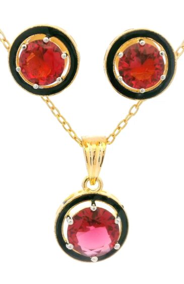 Gehna Jaipur Round Shape Pink Tourmaline Color Stone Studded Pendant & Earring Set For Girls & Women FP-1194