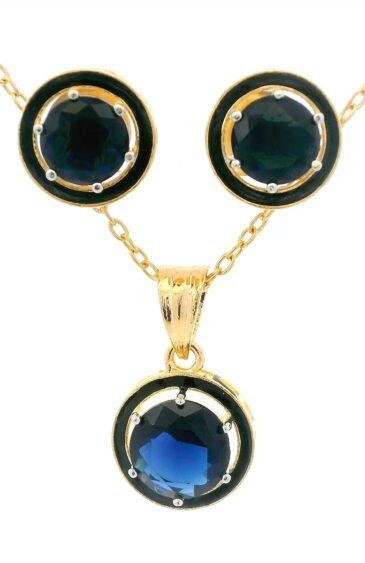 Gehna Jaipur Royal Blue Sapphire Color Round Shape Stone Studded Pendant & Earring Set For Girls & Women FP-1197