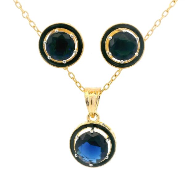Gehna Jaipur Royal Blue Sapphire Color Round Shape Stone Studded Pendant & Earring Set For Girls & Women FP-1197