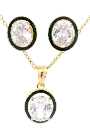 Gehna Jaipur Oval Shape Cubic Zirconia Studded Pendant & Earring Set For Girls & Women FP-1198