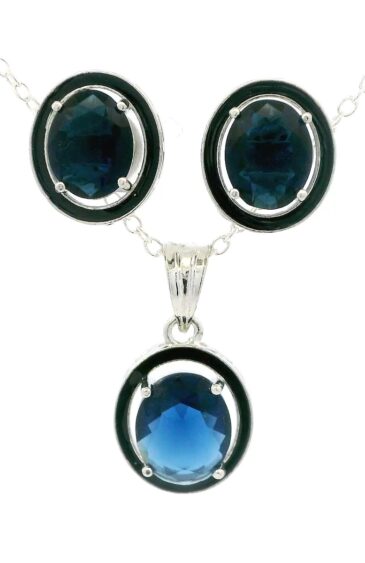 Gehna Jaipur Blue Sapphire Color Oval Shape Stone Studded Pendant & Earring Set For Girls & Women FP-1199