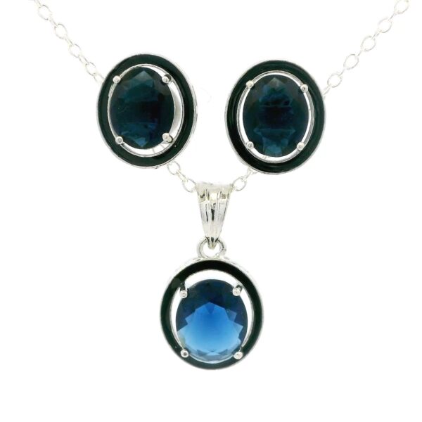 Gehna Jaipur Blue Sapphire Color Oval Shape Stone Studded Pendant & Earring Set For Girls & Women FP-1199