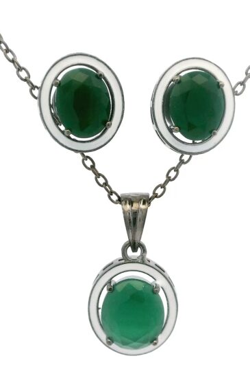 Gehna Jaipur Green Jade Color Oval Shape Stone Studded Pendant & Earring Set For Girls & Women FP-1200