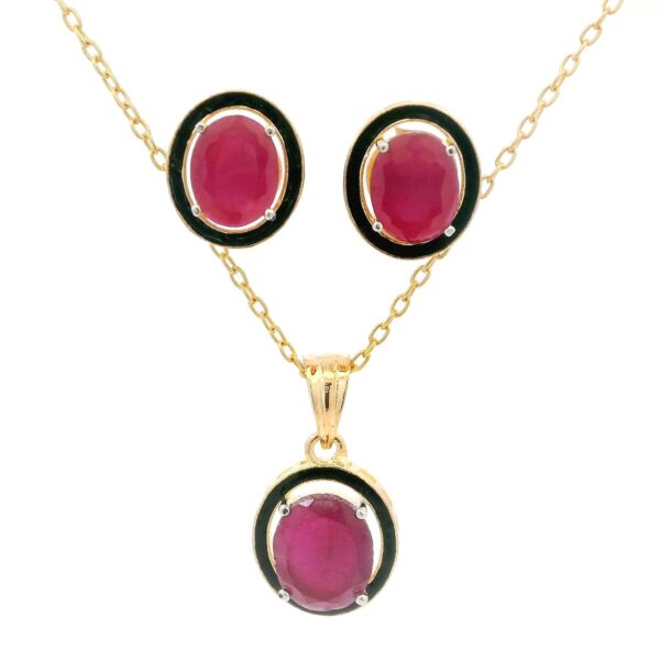 Gehna Jaipur Oval Shape Ruby Color Stone Studded Pendant & Earring Set For Girls & Women FP-1201