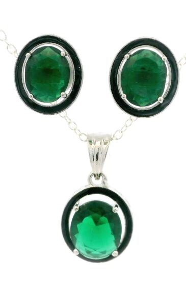 Gehna Jaipur Oval Shape Green Color Tourmaline Studded Pendant & Earring Set For Girls & Women FP-1202
