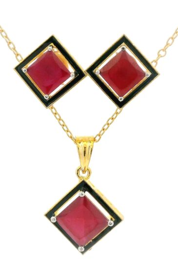 Gehna Jaipur Ruby Color Princess Cut Square Studded Pendant & Earring Set For Girls & Women FP-1203