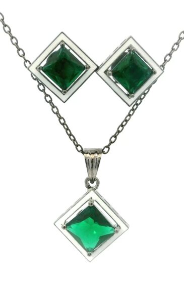 Gehna Jaipur Green Garnet Color Princess Cut Square Studded Pendant & Earring Set For Girls & Women FP-1204