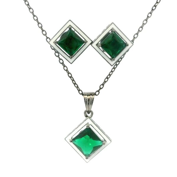 Gehna Jaipur Green Garnet Color Princess Cut Square Studded Pendant & Earring Set For Girls & Women FP-1204