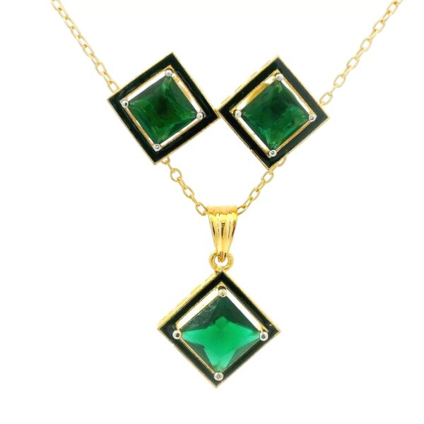 Gehna Jaipur Green Garnet Color Princess Cut Square Studded Pendant Set Yellow Rhodium For Girls & Women FP-1205