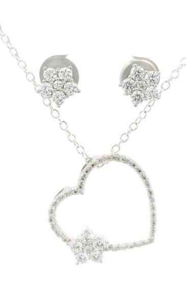Gehna Jaipur Diamond Cut White Topaz Round Studded Heart Shape Pendant & Earring Set For Girls & Women FP-1208