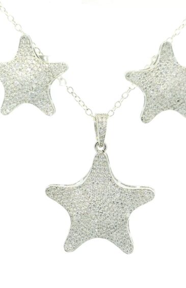 Gehna Jaipur Cubic Zirconia Studded Star Shaped Pendant & Earring Set Silver Rhodium For Girls & Women FP-1211