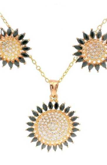 Gehna Jaipur C.Z & Black Spinel Marquise Studded Sunflower Shape Pendant Set For Girls & Women FP-1212