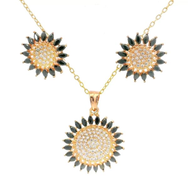Gehna Jaipur C.Z & Black Spinel Marquise Studded Sunflower Shape Pendant Set For Girls & Women FP-1212