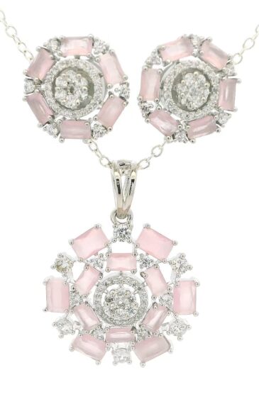 Gehna Jaipur C.Z & Rose Quartz Color Baguette Shape Stone Studded Pendant & Ear Set For Girls & Women FP-1217