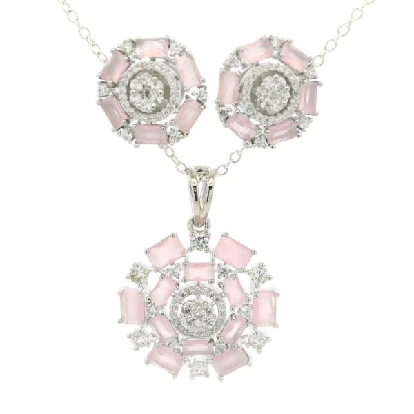 Gehna Jaipur C.Z & Rose Quartz Color Baguette Shape Stone Studded Pendant & Ear Set For Girls & Women FP-1217