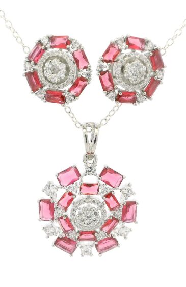 Gehna Jaipur C.Z & Pink Tourmaline Color Baguette Shape Stone Studded Pendant Set For Girls & Women FP-1218