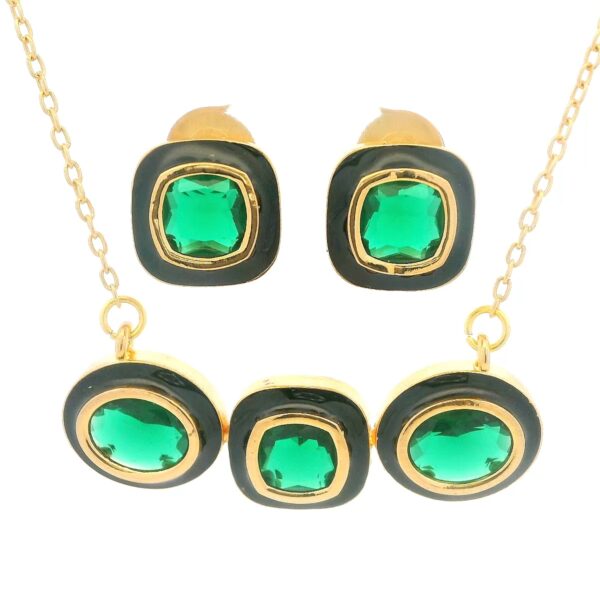 Gehna Jaipur Emerald Green Color Stone Studded 3 Pcs Set With Black Enamel For Girls & Women FP-1221