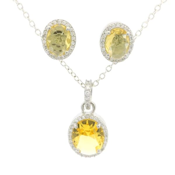 Gehna Jaipur Yellow Sapphire Color Stone Studded Oval Shape Pendant & Earring Set For Girls & Women FP-1222