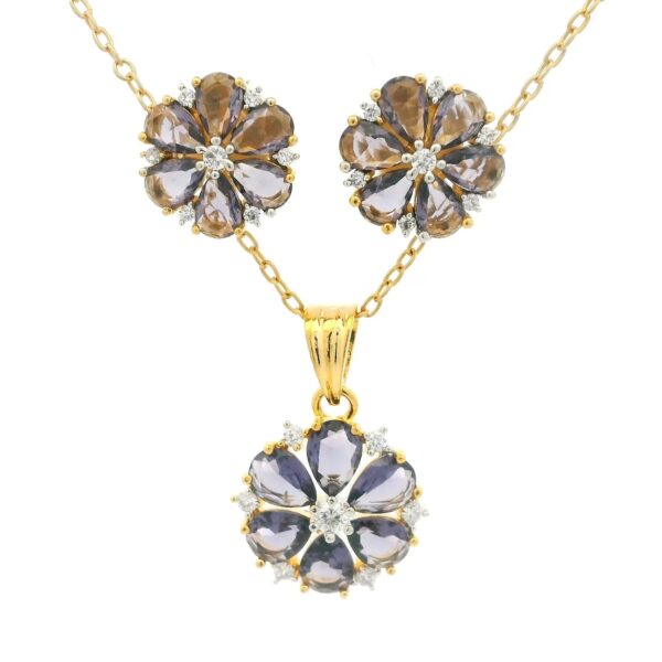 Gehna Jaipur C.Z & Amethyst Pear Shape Stone Studded Flower Shape Pendant Set For Girls & Women FP-1231