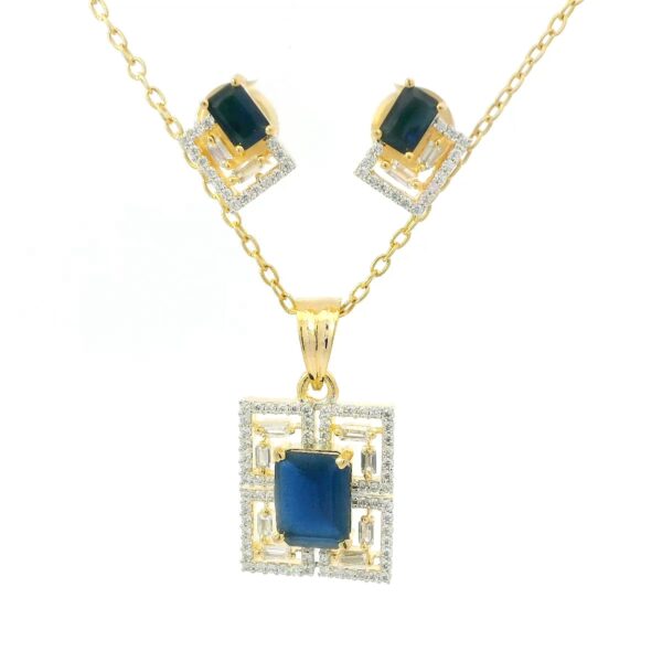 Gehna Jaipur C.Z & Blue Sapphire Color Stone Studded Baguette Shape Pendant & Earring For Girls & Women FP-1234