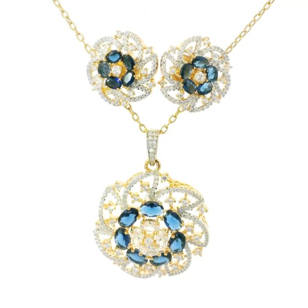 Gehna Jaipur C.Z & Blue Sapphire Color Oval Shape Stone Studded Pendant & Earring Set For Girls & Women FP-1235