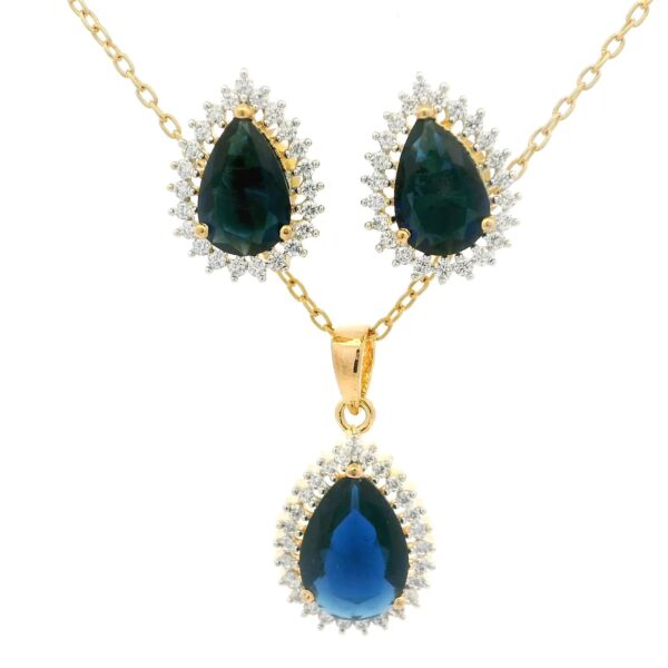 Gehna Jaipur C.Z & Blue Sapphire Color Pear Shape Stone Studded Pendant & Earring Set For Girls & Women FP-1236