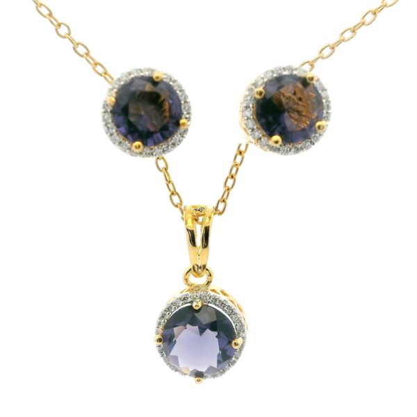 Gehna Jaipur C.Z & Amethyst Round Shape Stone Studded Pendant & Earring Set For Girls & Women FP-1237