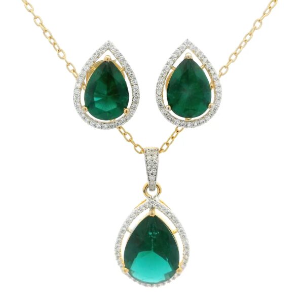 Gehna Jaipur C.Z & Emerald Color Stone Studded Pear Shape Pendant & Earring Set For Girls & Women FP-1238