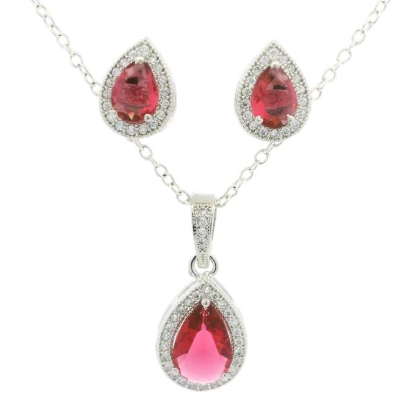 Gehna Jaipur C.Z & Pink Tourmaline Studded Pear Shape Pendant & Earring Set For Girls & Women FP-1239
