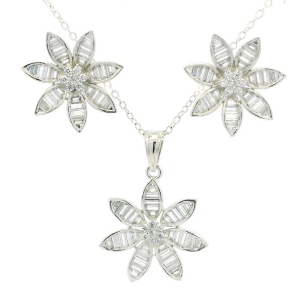Gehna Jaipur Cubic Zirconia Baguette Studded Flower Shape Pendant & Earring Set  For Girls & Women FP-1240
