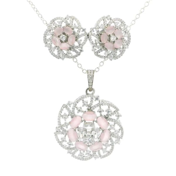 Gehna Jaipur Cubic Zirconia & Oval Rose Quartz Studded Pendant & Earring Set For Girls & Women FP-1241