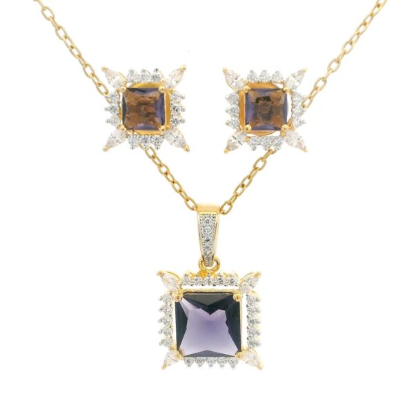 Gehna Jaipur C.Z & Amethyst Color Princess Cut Square Studded Pendant & Earring Set For Girls & Women FP-1243