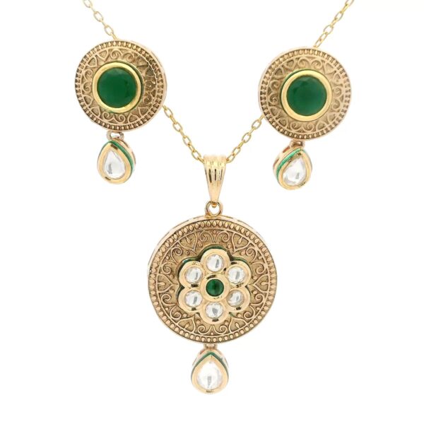 Gehna Jaipur Moissanite Polki & Round Emerald Studded Pendant & Earring Set For Girls & Women FP-1244