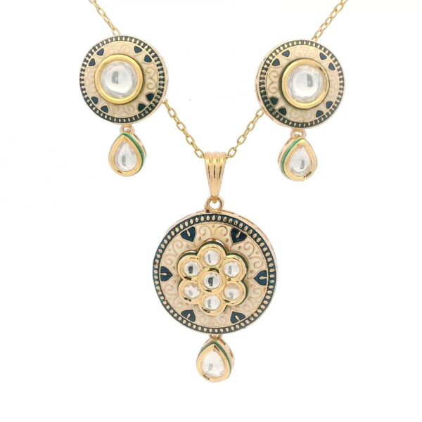Gehna Jaipur Moissanite Polki Studded With Blue Enamel Work Pendant & Earring Set For Girls & Women FP-1246