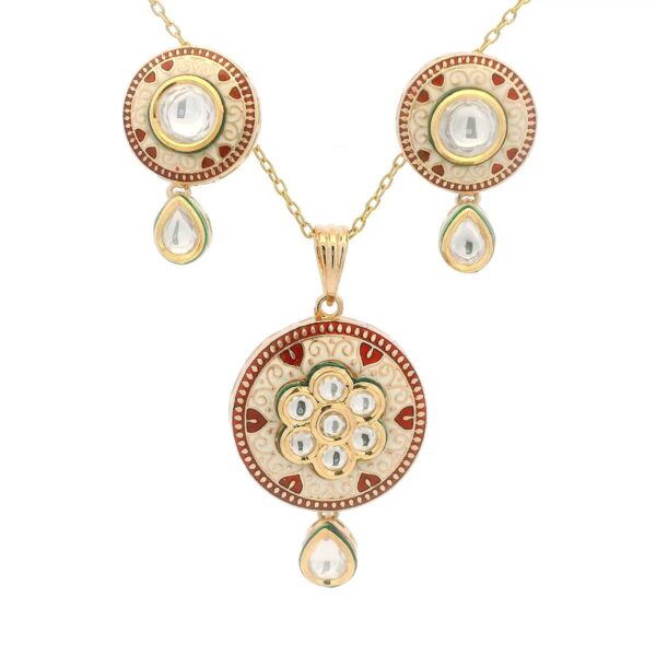 Gehna Jaipur Moissanite Polki Studded With Red Enamel Work Pendant & Earring Set For Girls & Women FP-1247