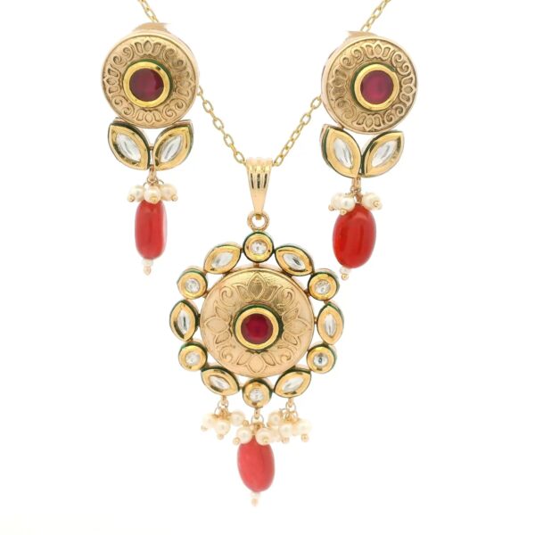 Gehna Jaipur Moissanite Polki & Tourmaline Studded Traditional Pendant & Earring Set For Girls & Women FP-1248
