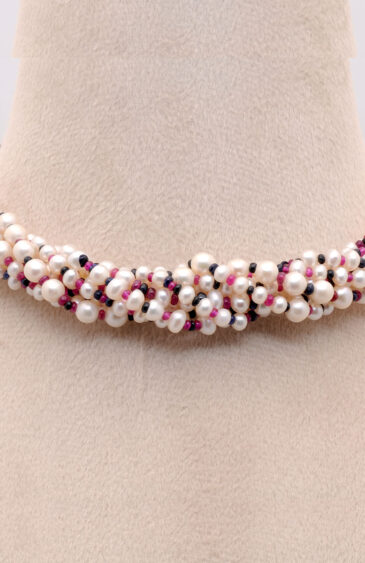 Gehna Jaipur 7 Rows Pearl, Ruby & Sapphire Gemstone Bead Twisted Necklace  For Girls & Women NM-1188