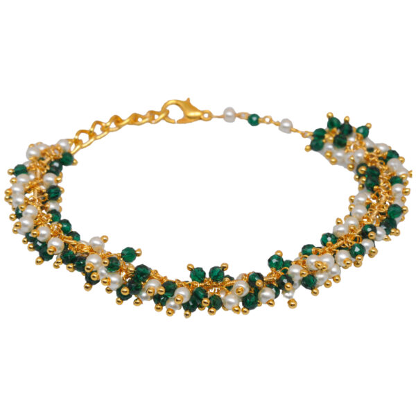 Gehna Jaipur Pearl & Emerald Zircon Bead Rosary Chain Gold Plated Bracelet For Girls & Women CB-1020