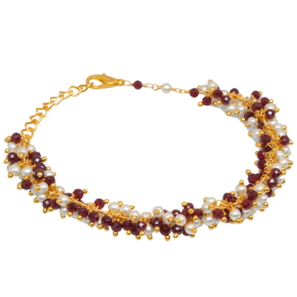 Gehna Jaipur Pearl & Ruby Zircon Bead Rosary Gold Plated Chain Bracelet For Girls & Women CB-1023