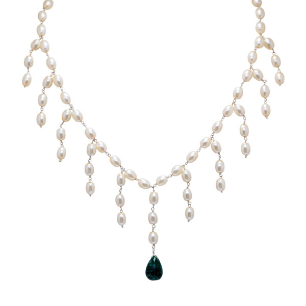 Gehna Jaipur Pearl & Emerald Stone Color Zirconia Beads Earring & Necklace For Girls & Women CC-1024