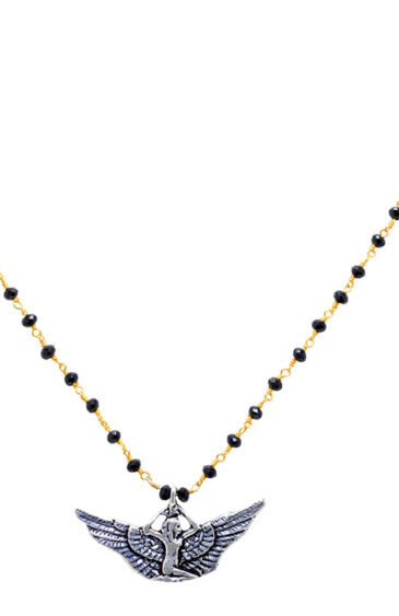 Gehna Jaipur Black Spinel Color Zirconia  Beads Rosary Chain With Oxidized Pendant For Girls & Women CC-1068