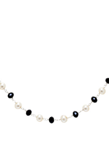 Gehna Jaipur 18″ Inches Pearl & Black Color Zirconia Faceted Beads Rosary Chain For Girls & Women CC-1109